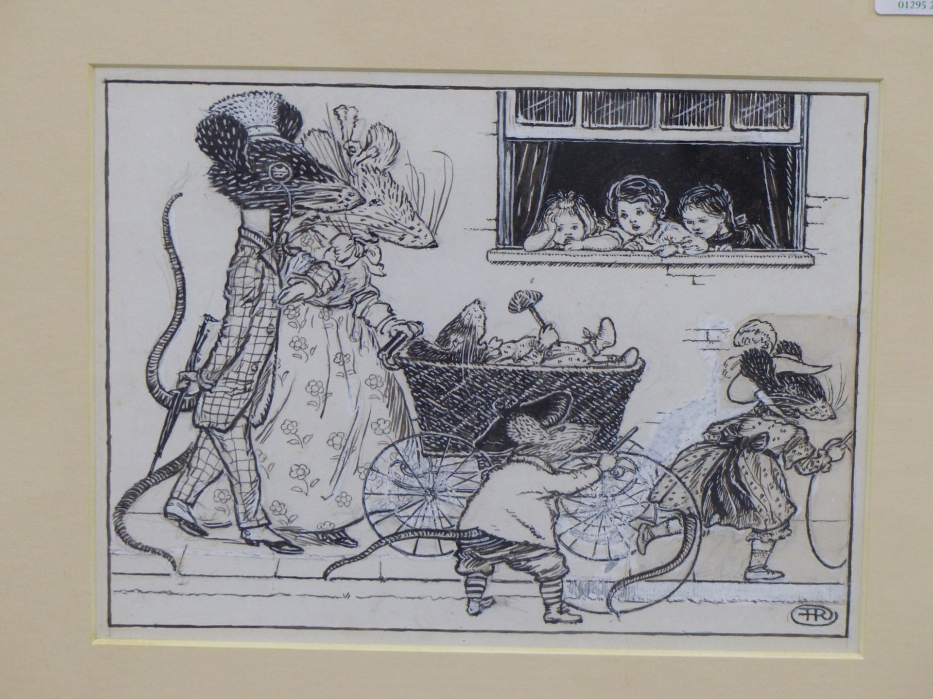 F.R. 20TH CENTURY CARTOONIST .TWO ILLUSTRATION WITH ANTHROPOMORPHIC MICE. PEN INK AND WATERCOLOUR. - Image 2 of 5