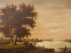 ATTRIB. SOLOMON VAN RUYSDAEL (1602-1670). RIVER LANDSCAPE WITH TREES, OIL ON CRADLED PANEL. SIGNED