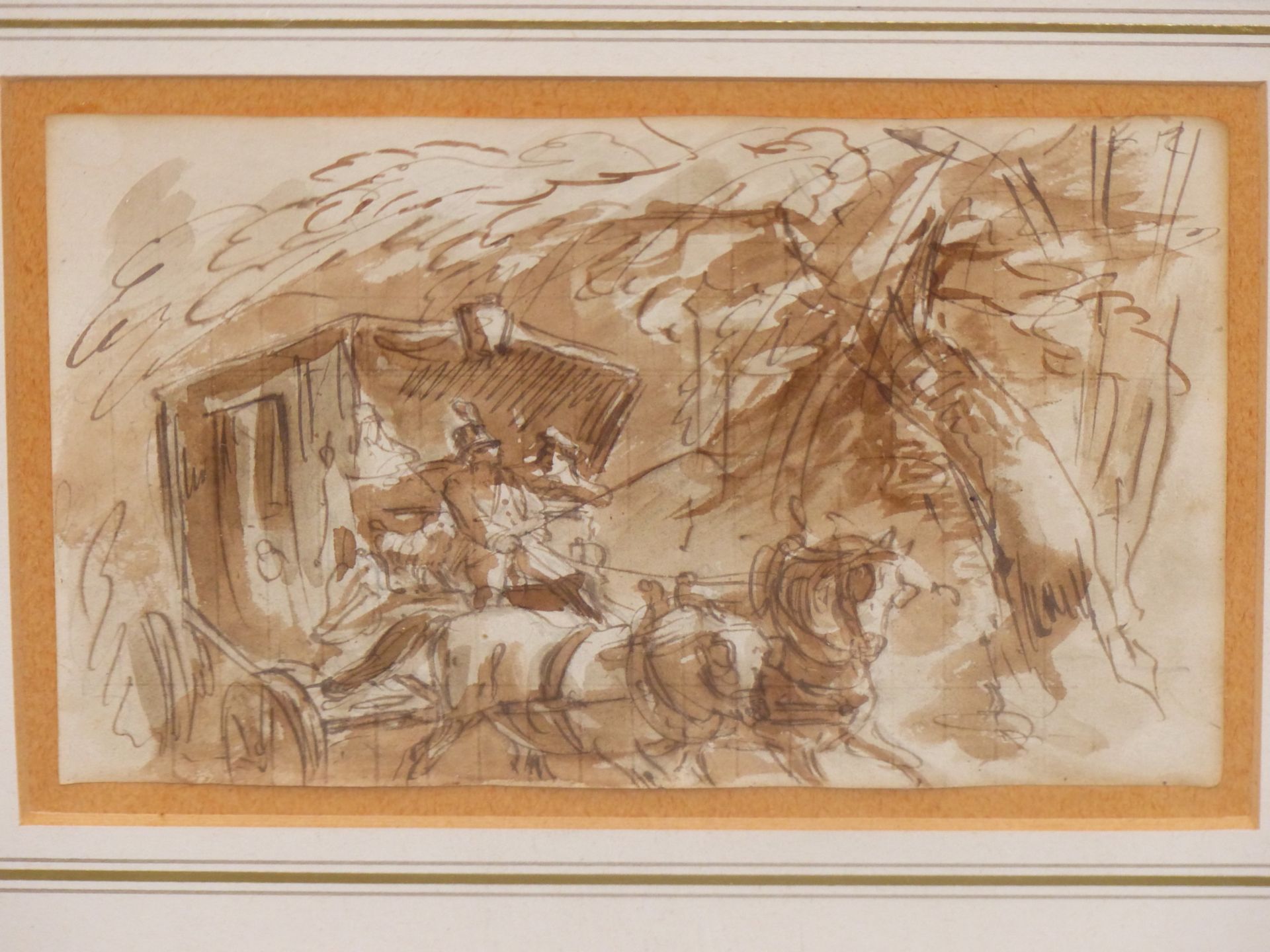 18TH CENTURY ENGLISH SCHOOL. A BROWN WASH STUDY OF A HORSE DRAWN CARRIAGE AT SPEED. 16 X 10 cm. - Image 2 of 4