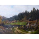 19TH/20TH CENTURY ENGLISH SCHOOL, RURAL WATERMILL IN LANDSCAPE WITH SHEEP, OIL ON CANVAS.TITLED