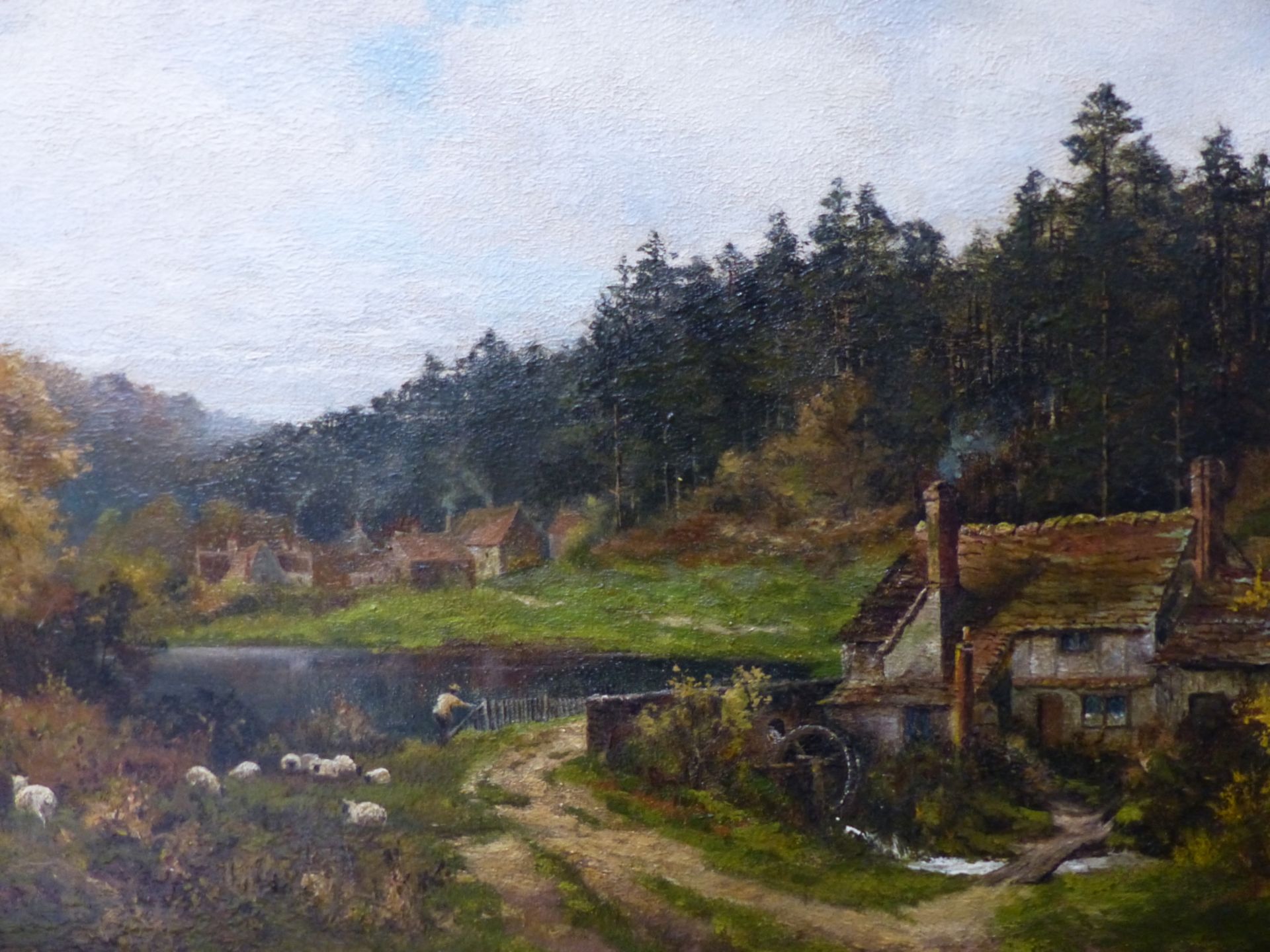19TH/20TH CENTURY ENGLISH SCHOOL, RURAL WATERMILL IN LANDSCAPE WITH SHEEP, OIL ON CANVAS.TITLED