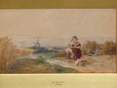 H. PLATT ( 19TH CENTURY). CHILDREN WITH FRUIT BASKET ON A COUNTRY PATH. WATERCOLOUR. SIGNED L/L