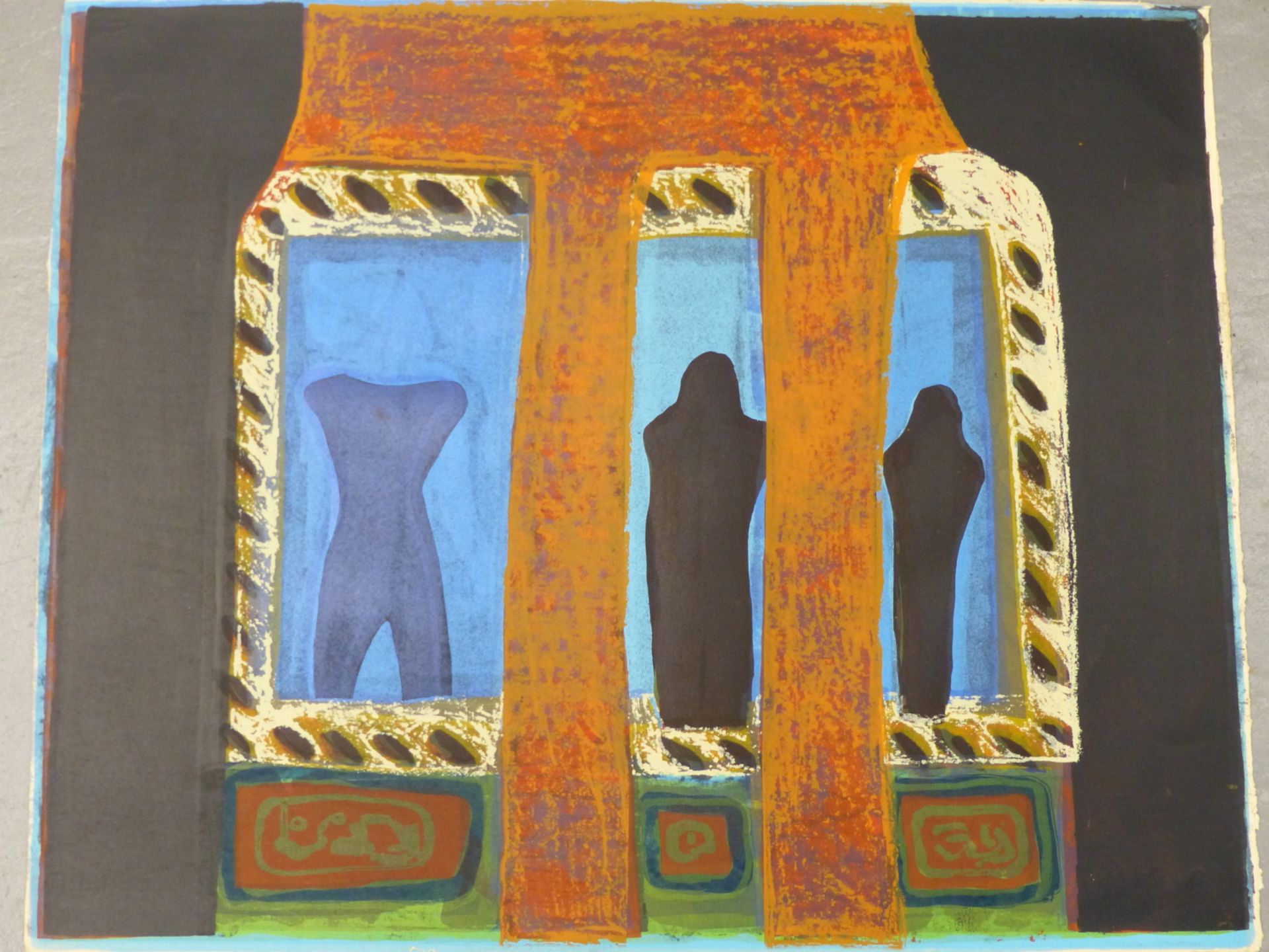 PAMELA CLARKSON ( 20TH CENTURY) ARR. THREE STANDING FIGURES. MULTI LAYER SCREEN PRINT ON HAND MADE P - Image 2 of 7