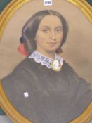 A. C. BELL. (19TH CENTURY) PORTRAIT OF A LADY WITH LACE COLLAR AND CAMEO. PASTEL. SIGNED WITH
