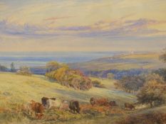 H. MOORE (RA) (1831-1895) COASTAL FIELDS WITH CATTLE, "WHITBY FROM MULGRAVE PARK" SIGNED AND DATED
