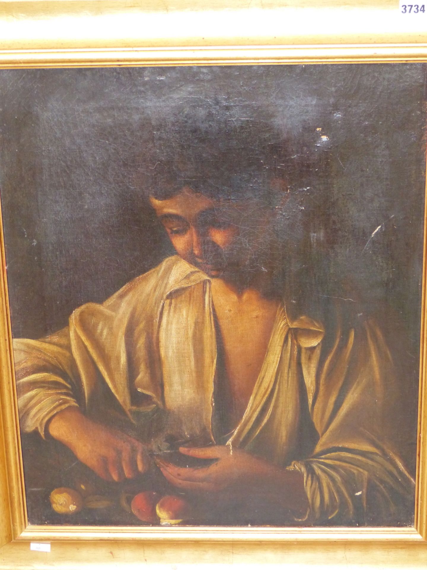 AFTER THE OLD MASTERS. (EARLY 19TH CENTURY) A YOUNG MAN PEELING APPLES. OIL ON CANVAS 50 X 60 cm. - Image 2 of 6