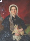 19TH CENTURY ENGLISH SCHOOL, PORTRAIT OF A LADY, MS. ALICE PENHOUSE, WITH HER DOG, INSCRIBED VERSO