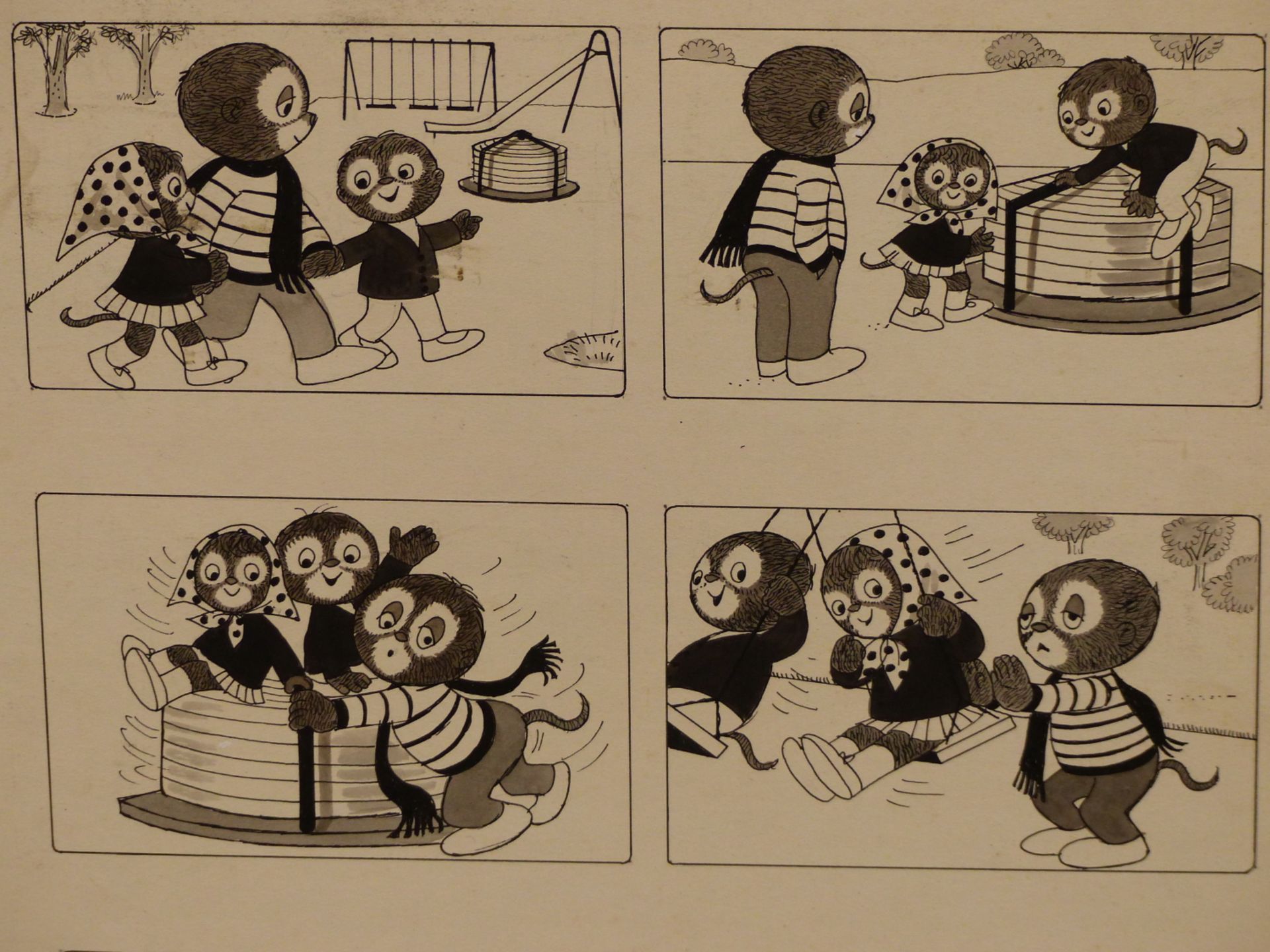 20TH CENTURY CARTOONIST. SIX CARTOON SCENES FOR DOZY DORMOUSE FOR PLAY HOUR ANNUAL (PAGE 14) PEN AND - Image 3 of 7