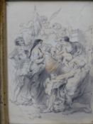 18TH CENTURY SCHOOL. A CLASSICAL FIGURE GROUP STUDY WITH CHERUBS, PENCIL AND RED CHALK. 10 X 14 cm