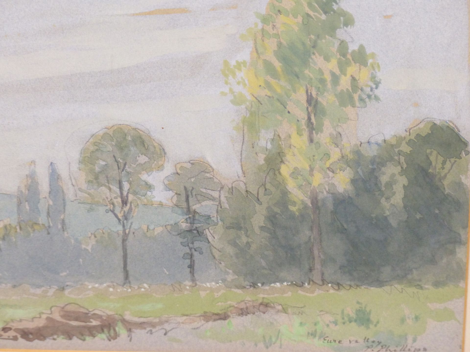 PATRICK PHILLIPS (20TH CENTURY) ARR. "IN THE EURE VALLEY" PENCIL AND WATERCOLOUR, SIGNED LOWER RIGHT