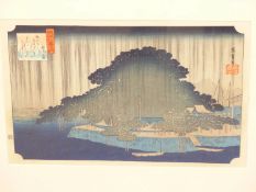 A PAIR OF JAPANESE WOODBLOCK PRINTS , WOODED TEMPLE AND A RURAL SCENE- POSSIBLE SIGNED UTSUYAMA?