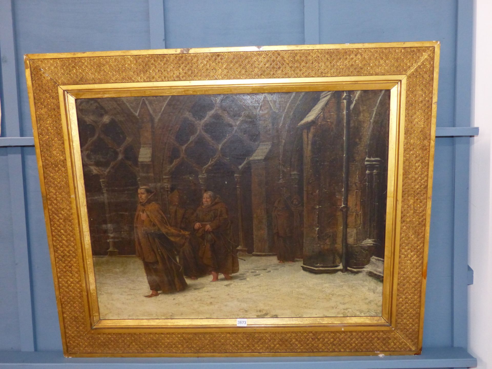 ALFRED TOURRIER (1836-1892) "MATINS" -MONKS ATTENDING MORNING PRAYER, OIL ON CANVAS. INITIALLED - Image 5 of 8