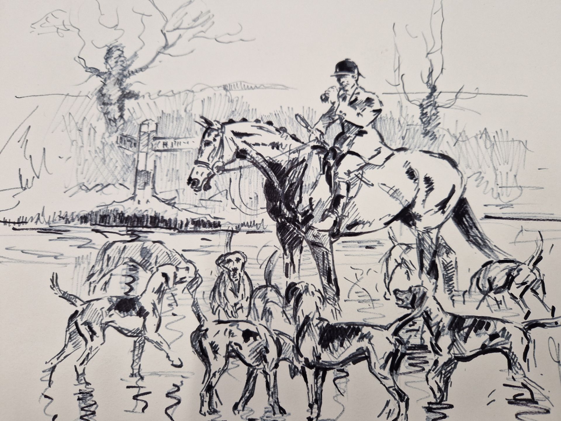 JOHN KING (1929-2014) ARR, HUNTSMAN WITH HOUNDS, PEN AND INK DRAWING WITH SKETCHS VERSO..SIGNED 25 x - Image 8 of 18