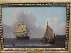WILLIAM ANDERSON (1757-1837) SAILING SHIPS BY THE COAST. OIL ON PANEL. 16 X 11 cm.