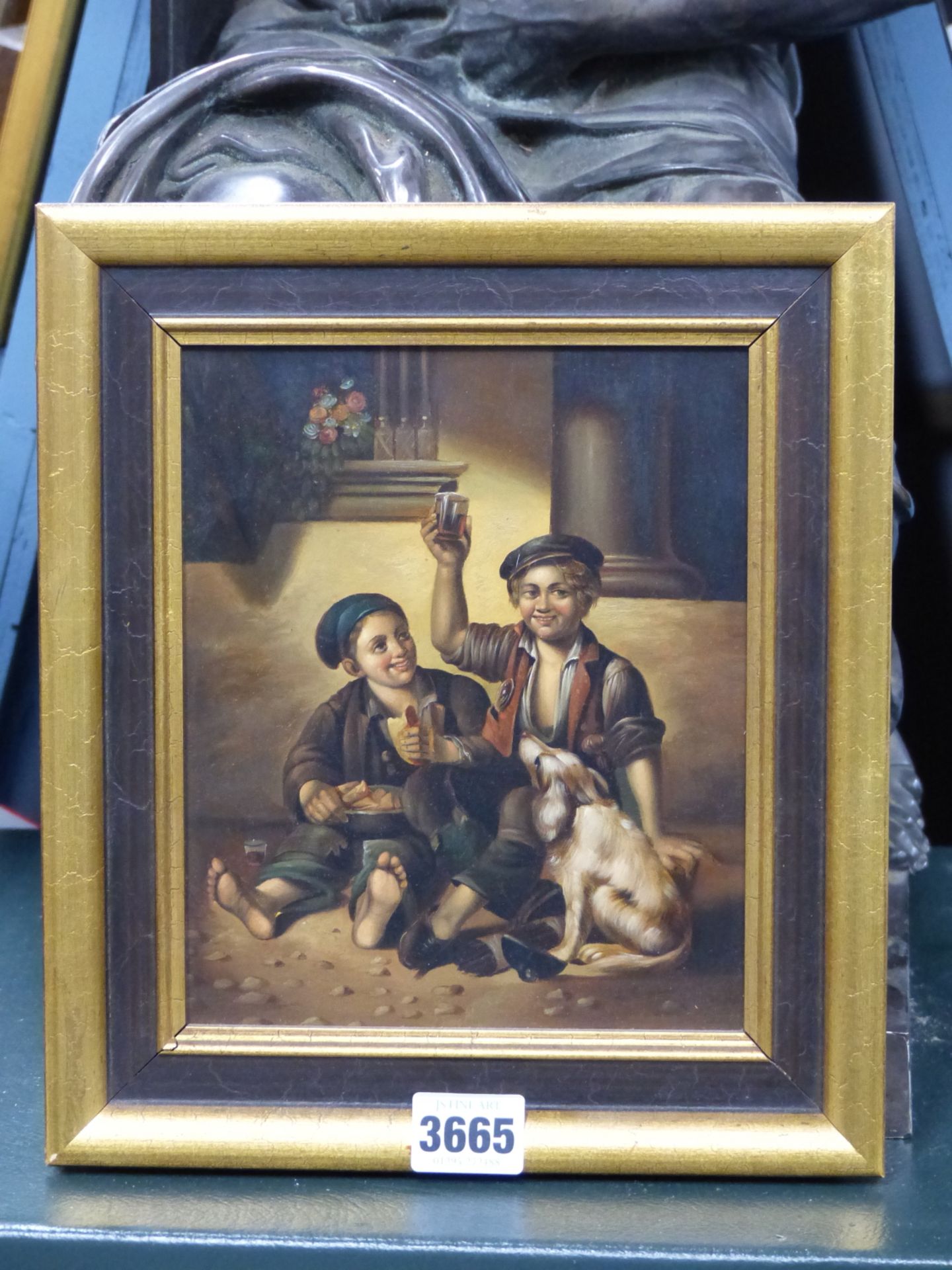 DUTCH SCHOOL, TWO BOYS WITH BREAD, BEER AND THEIR DOG, OIL ON BOARD. 15 X 19 cm - Image 3 of 4