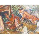 G. TAYLOR. (20TH CENTURY) FOX BY THE HEN HOUSE. OIL ON CANVAS. SIGNED LOWER RIGHT. 50 X 39 cm