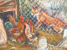 G. TAYLOR. (20TH CENTURY) FOX BY THE HEN HOUSE. OIL ON CANVAS. SIGNED LOWER RIGHT. 50 X 39 cm