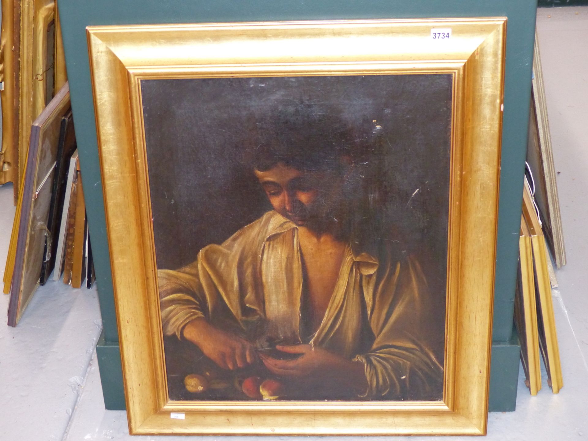 AFTER THE OLD MASTERS. (EARLY 19TH CENTURY) A YOUNG MAN PEELING APPLES. OIL ON CANVAS 50 X 60 cm. - Image 5 of 6