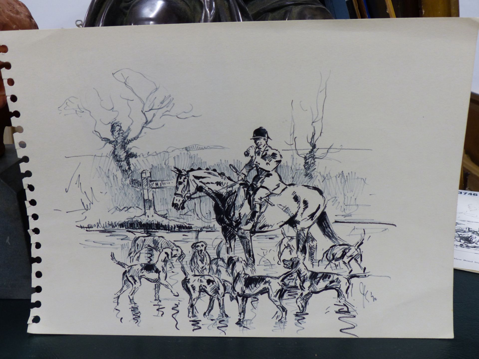 JOHN KING (1929-2014) ARR, HUNTSMAN WITH HOUNDS, PEN AND INK DRAWING WITH SKETCHS VERSO..SIGNED 25 x - Image 5 of 18