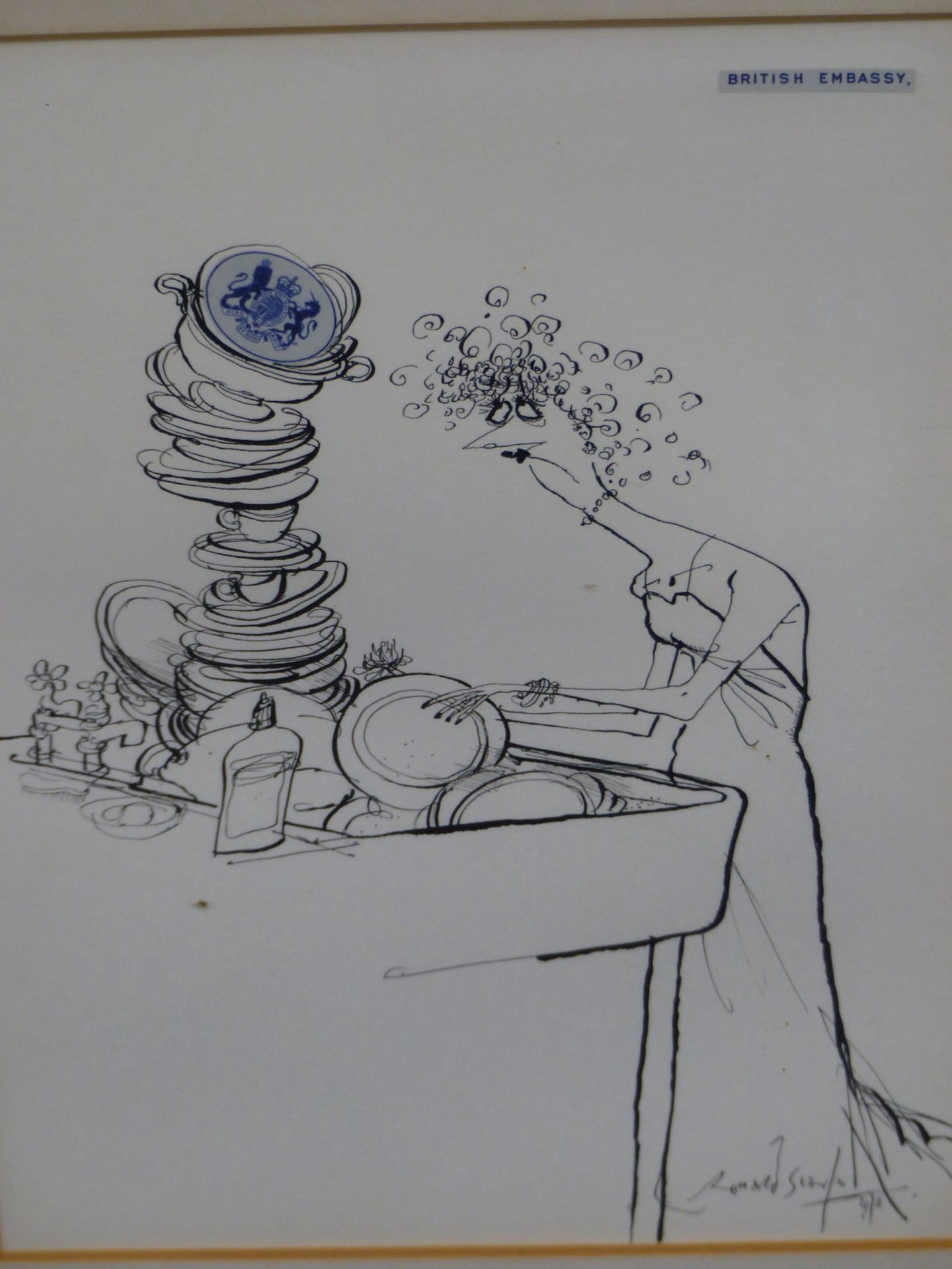 RONALD SEARLE (BRITISH 1920-2011) ARR. THE BRITISH EMBASSY KITCHEN SINK. PEN AND INK. SIGNED AND - Image 2 of 7