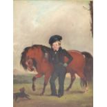 19TH CENTURY ENGLISH SCHOOL, STUDY OF BOY WITH HORSE AND DOG IN LANDSCAPE OIL ON BOARD 21 X 27 cm.