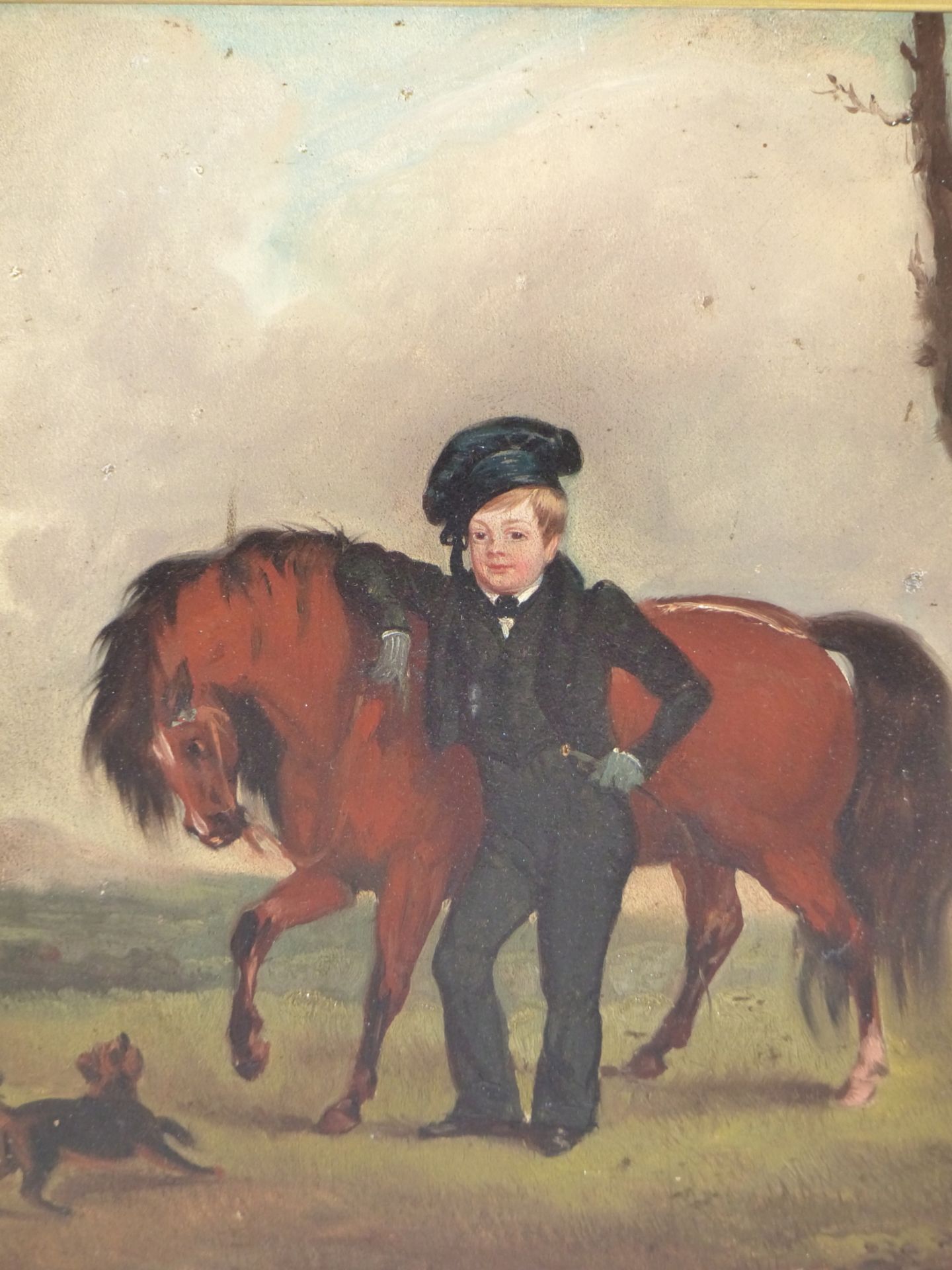 19TH CENTURY ENGLISH SCHOOL, STUDY OF BOY WITH HORSE AND DOG IN LANDSCAPE OIL ON BOARD 21 X 27 cm.