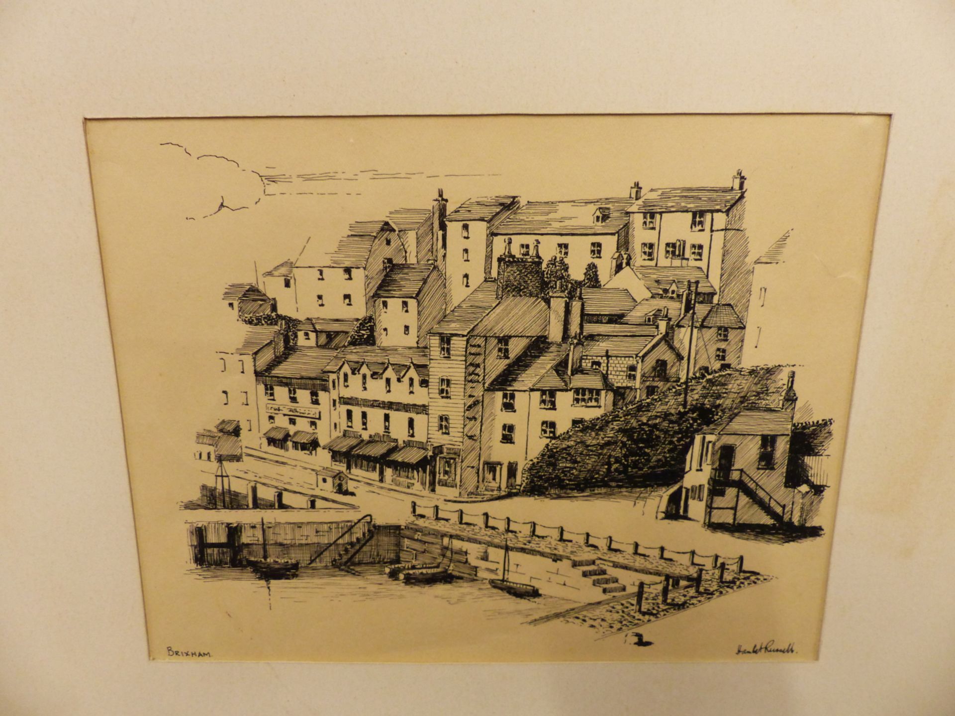 HERBERT RUSSELL. (20TH C.) ST MARYS BAY BRIXHAM. PEN AND INK DRAWING 22 X 18 cm AND ANOTHER WORK - Image 10 of 10
