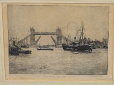 ** LAIDLAW? (EARLY 20TH CENTURY) TOWER BRIDGE LONDON & PICCADILLY CIRCUS. ETCHINGS. PENCIL SIGNED