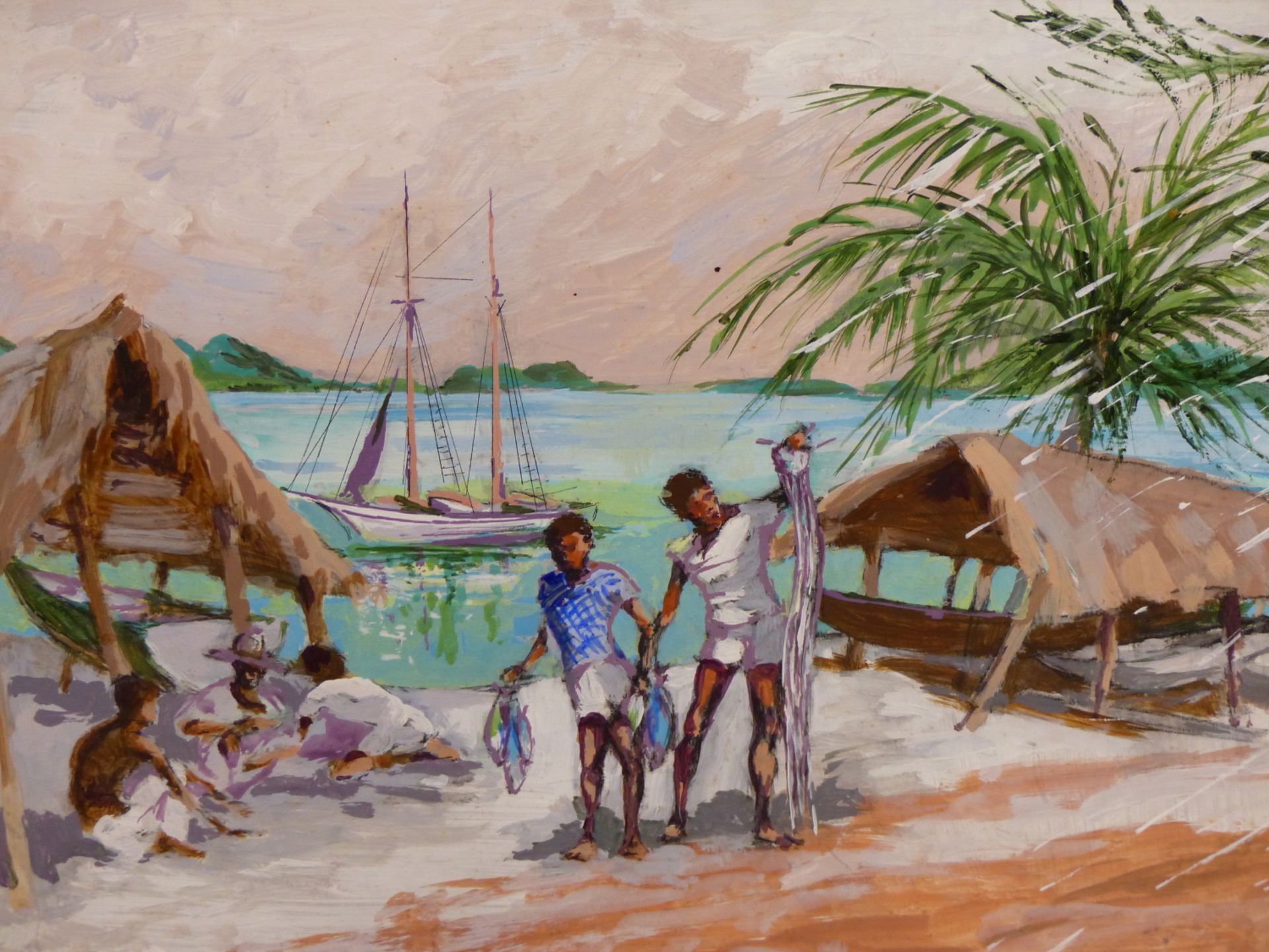 IVY T. ATTWELL (1895-1985) ARR. STUDY OF BOYS ON A BEACH WITH GRASS ROOF HUTS,SIGNED LOWER RIGHT, OI