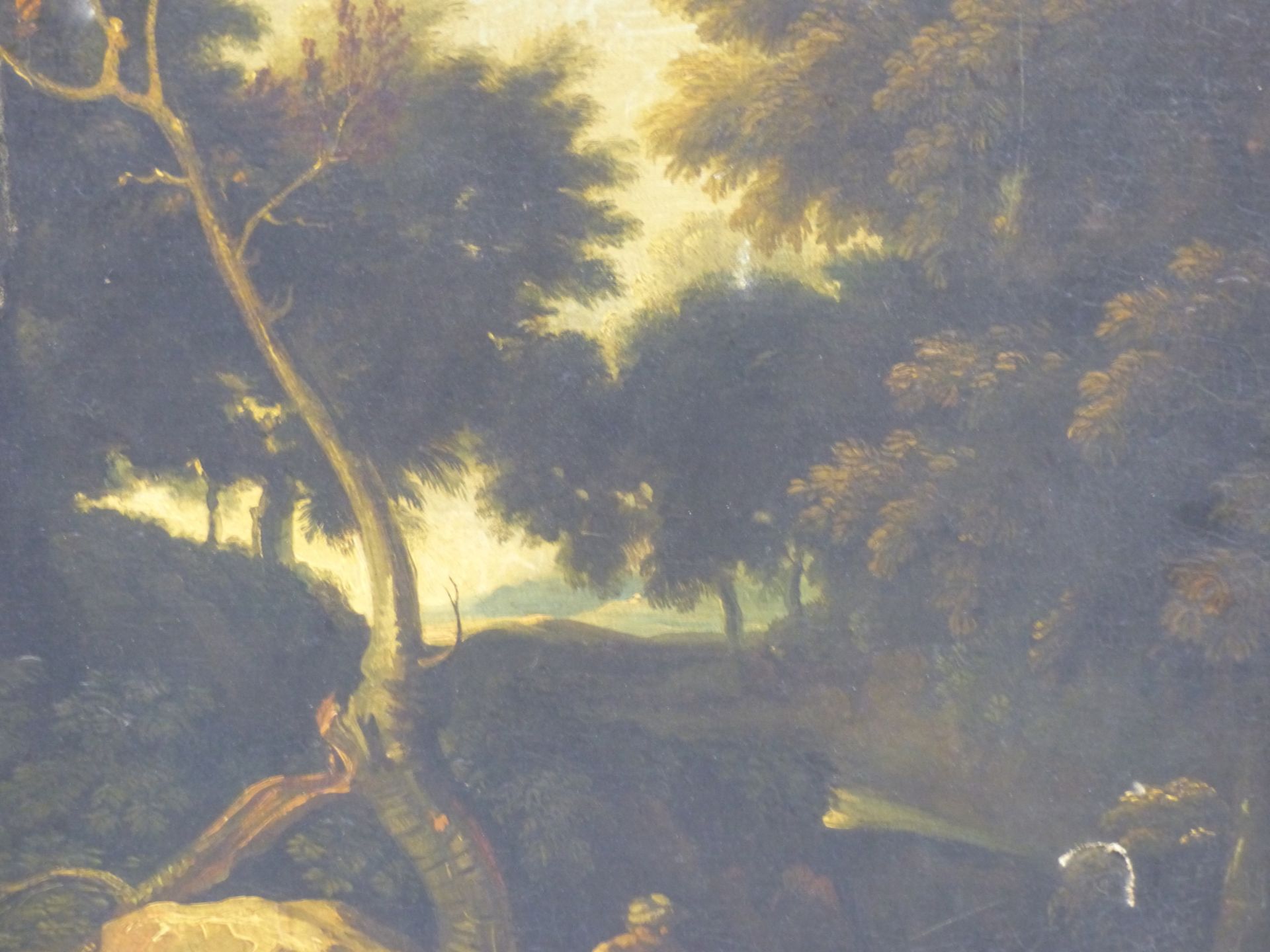 17TH /18TH CENTURY OLD MASTER SCHOOL. TWO FIGURES BY A WOODLAND STREAM. OIL ON CANVAS. THE GILT - Image 6 of 10