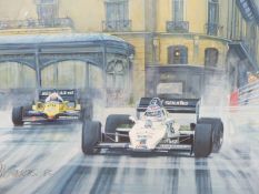 RODNEY DIGGENS (B 1937), ARR. KEKE ROSBERG WINNING THE 1983 MONACO GRAND PRIX, WATERCOLOUR SIGNED