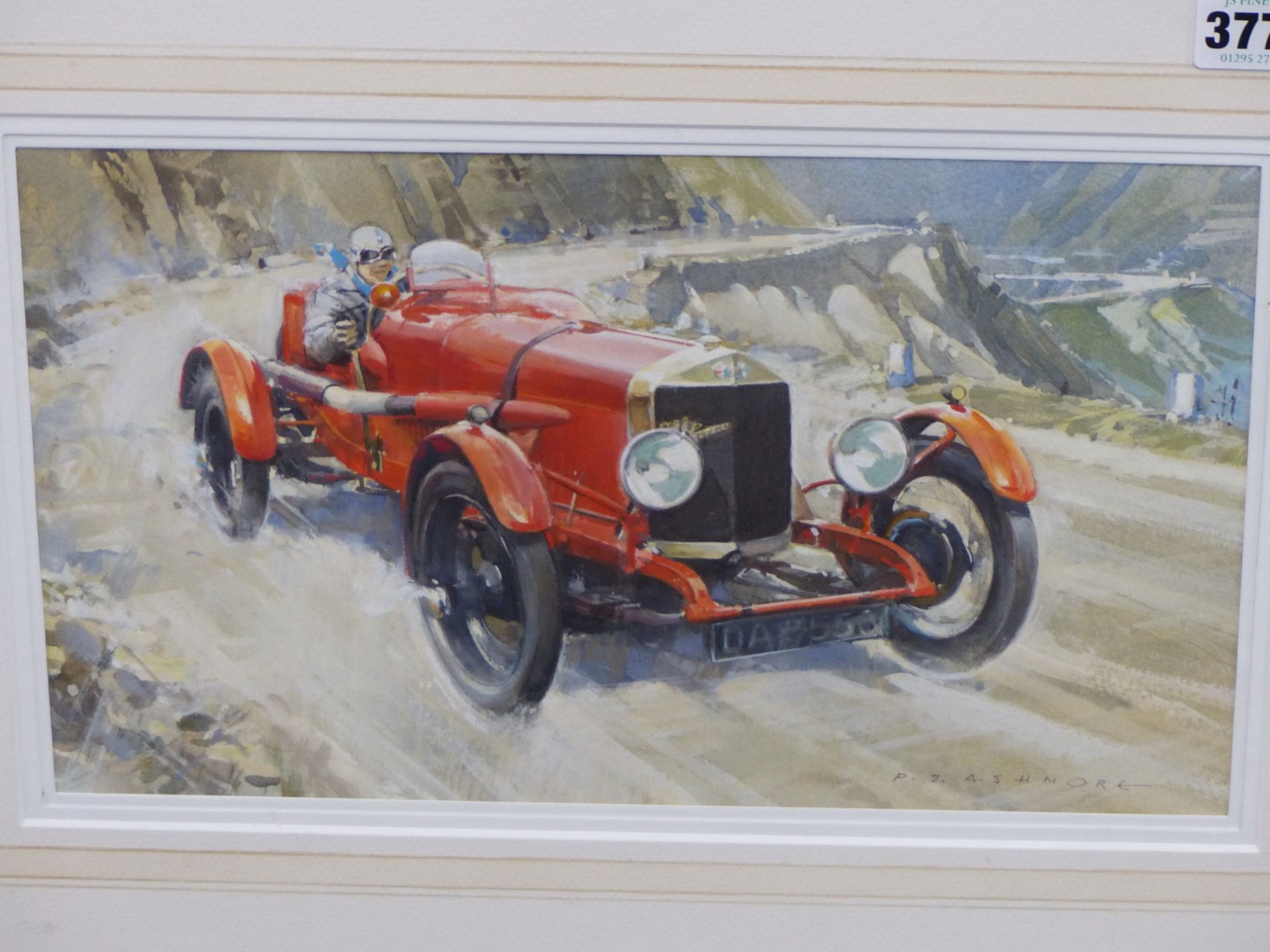 PETER J ASHMORE (B 1923), ARR. A 1930S ALFA ROMEO RACING ON A MOUNTAIN PASS, WATERCOLOUR, SIGNED. - Image 2 of 6