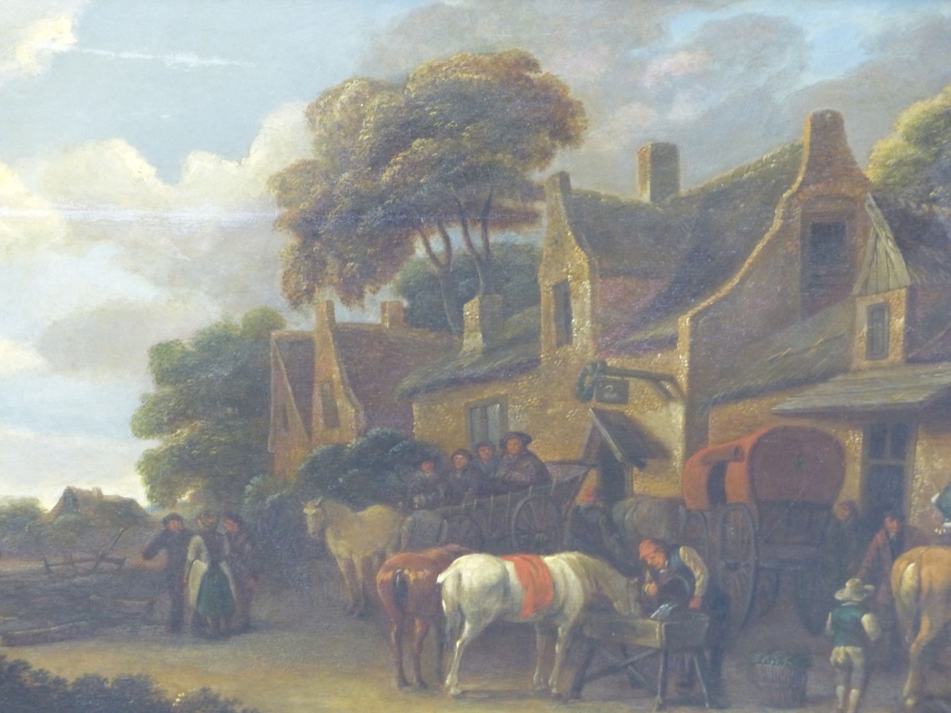 18TH CENTURY DUTCH SCHOOL. FIGURES AND HORSES OUTSIDE A VILLAGE INN WITH CHURCH IN THE DISTANCE. OIL - Image 2 of 8