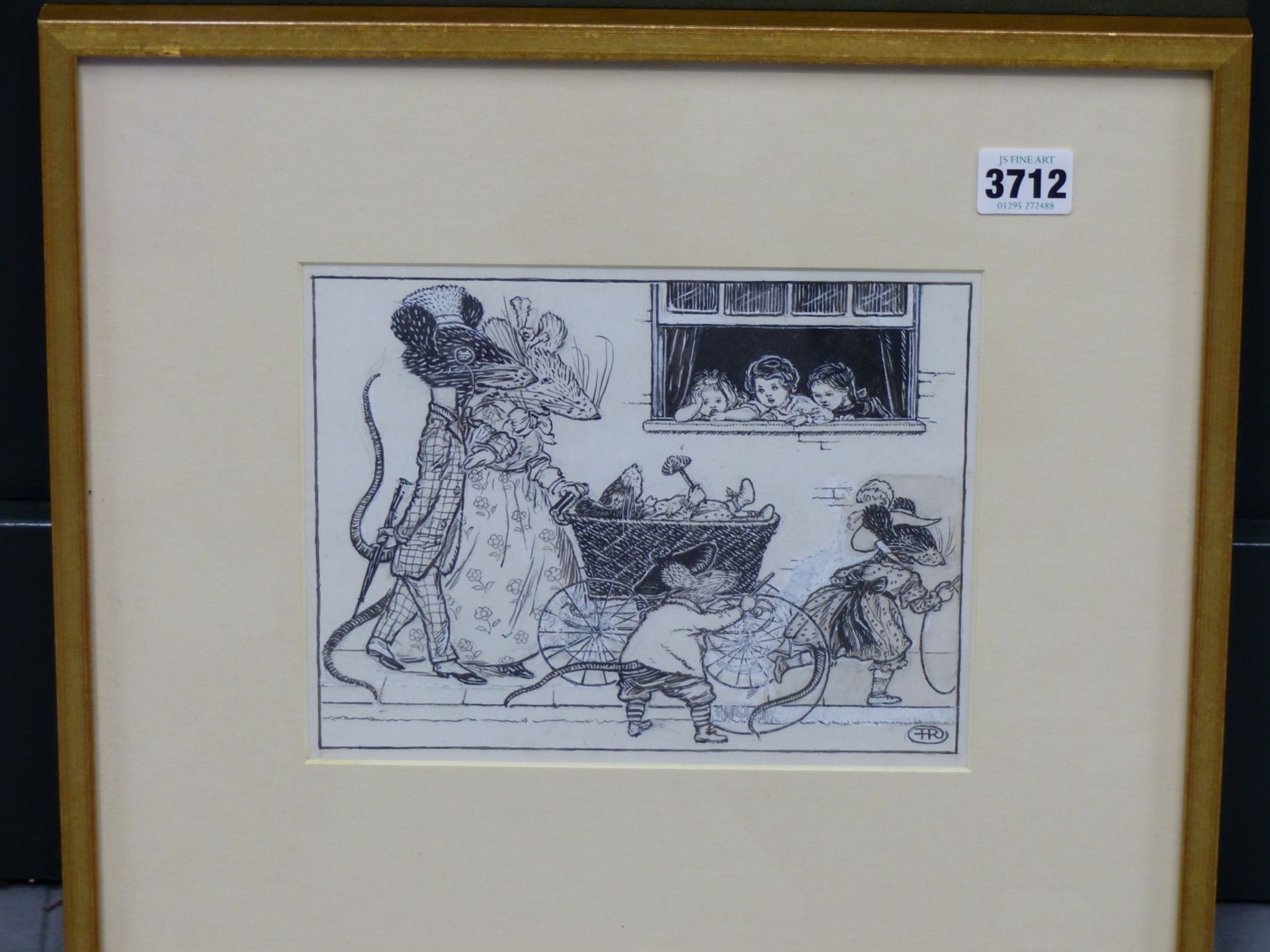 F.R. 20TH CENTURY CARTOONIST .TWO ILLUSTRATION WITH ANTHROPOMORPHIC MICE. PEN INK AND WATERCOLOUR. - Image 3 of 5