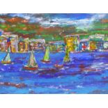T FOX. (20TH/21ST CENTURY) ARR. BOATING BEFORE A COASTAL TOWN- ACRYLIC, SIGNED AND DATED LOWER RIGHT