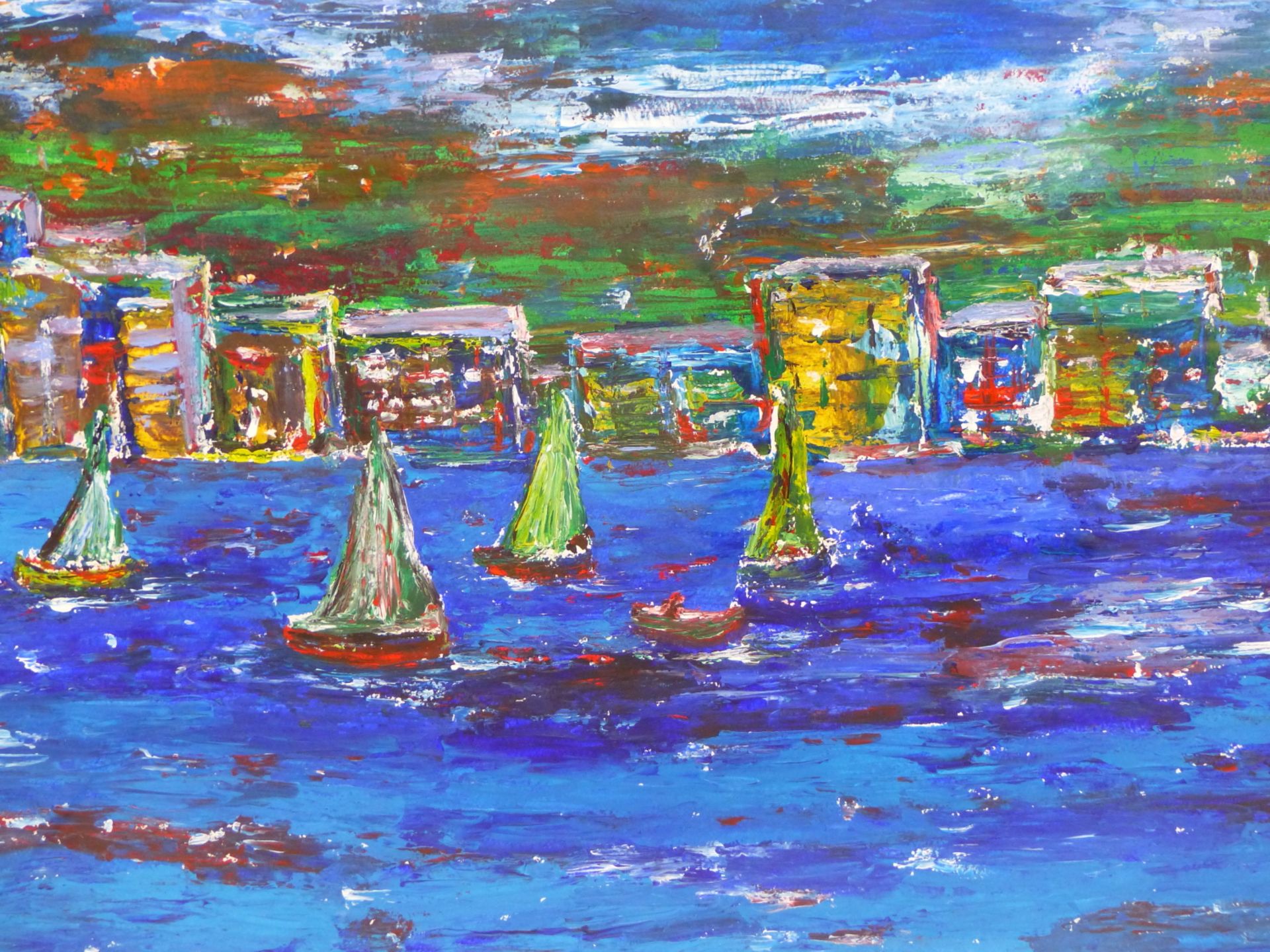 T FOX. (20TH/21ST CENTURY) ARR. BOATING BEFORE A COASTAL TOWN- ACRYLIC, SIGNED AND DATED LOWER RIGHT