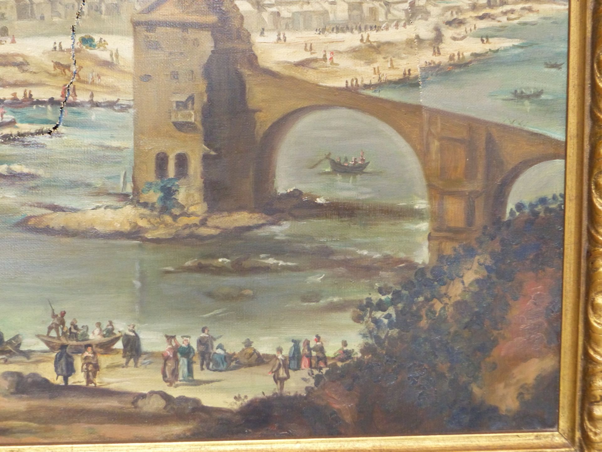 ITALIAN SCHOOL ( EARLY 20TH CENTURY ) FIGURES ON RIVER BANK BEFORE A CITIDEL. OIL ON CANVAS. 99 X 54 - Image 5 of 21