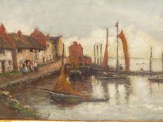 WILLIAM BODEN (1840-1920) THE FISHING VILLAGE, OIL ON CANVAS, LABELLED VERSO. 34.5 X 24.5 cm