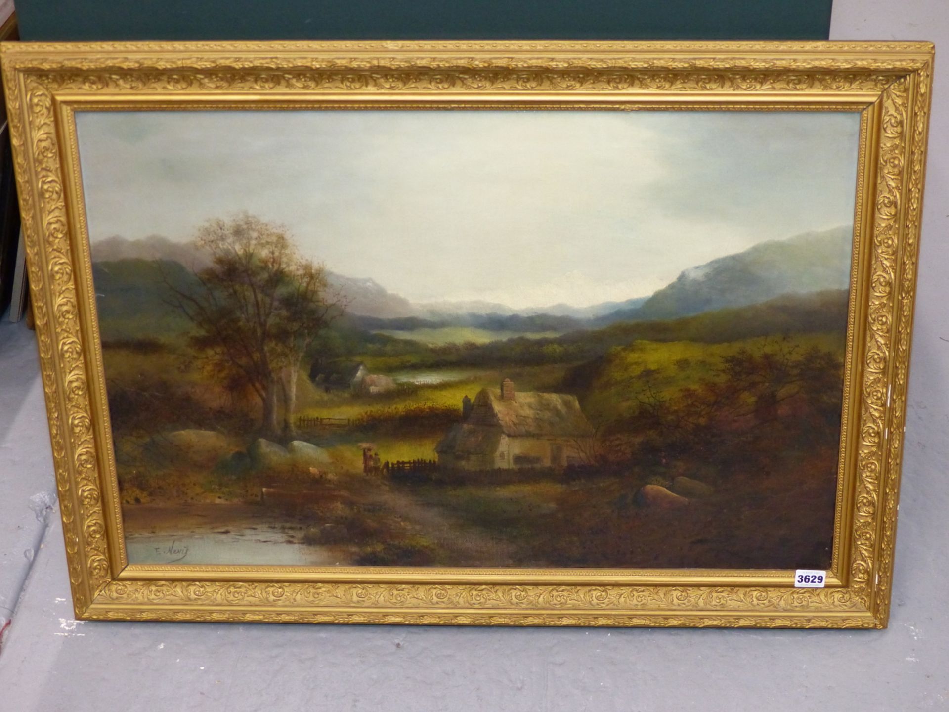 EDWARD NEVIL (1813-1901)- RIVERSIDE COTTAGE WITH FIGURES- OIL ON CAVAS. SIGNED LOWER LEFT. 74 X - Image 2 of 5