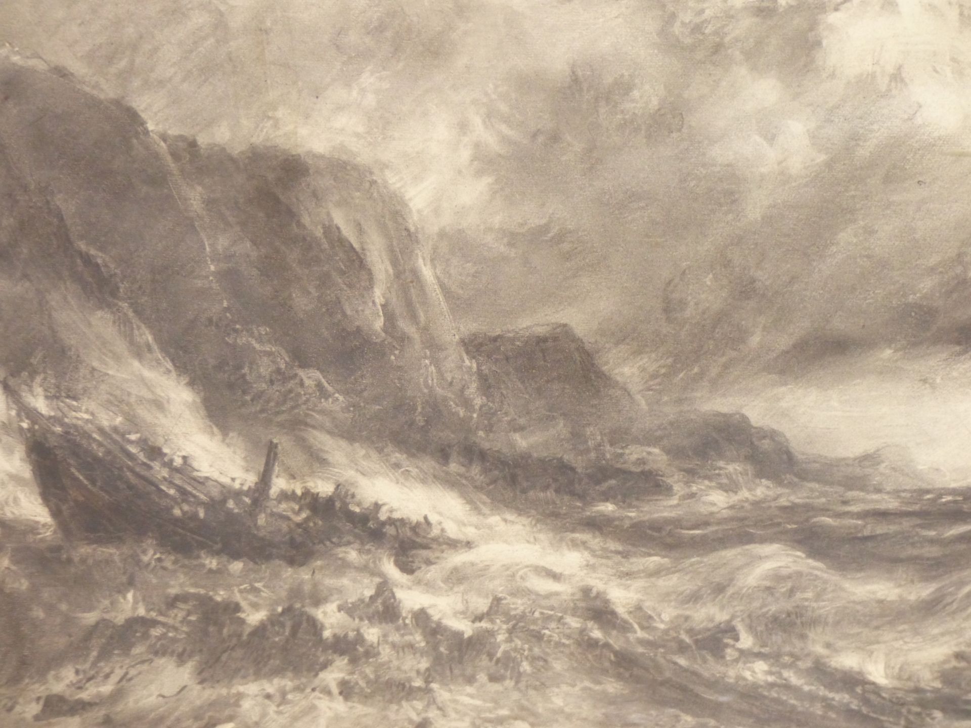 19TH CENTURY SCHOOL. COASTAL SHIP WRECK IN HIGH SEAS, CHARCOAL ON PAPER. 60 X 38 cm.