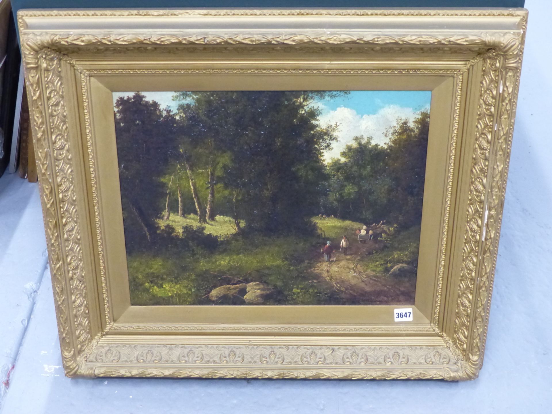19TH CENTURY ENGLISH SCHOOL, FIGURES ON A WOODLAND TRACK, OIL ON CANVAS. 49 X 39 cm. - Image 4 of 5