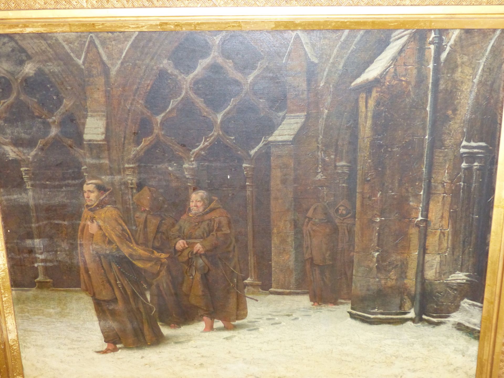 ALFRED TOURRIER (1836-1892) "MATINS" -MONKS ATTENDING MORNING PRAYER, OIL ON CANVAS. INITIALLED - Image 4 of 8
