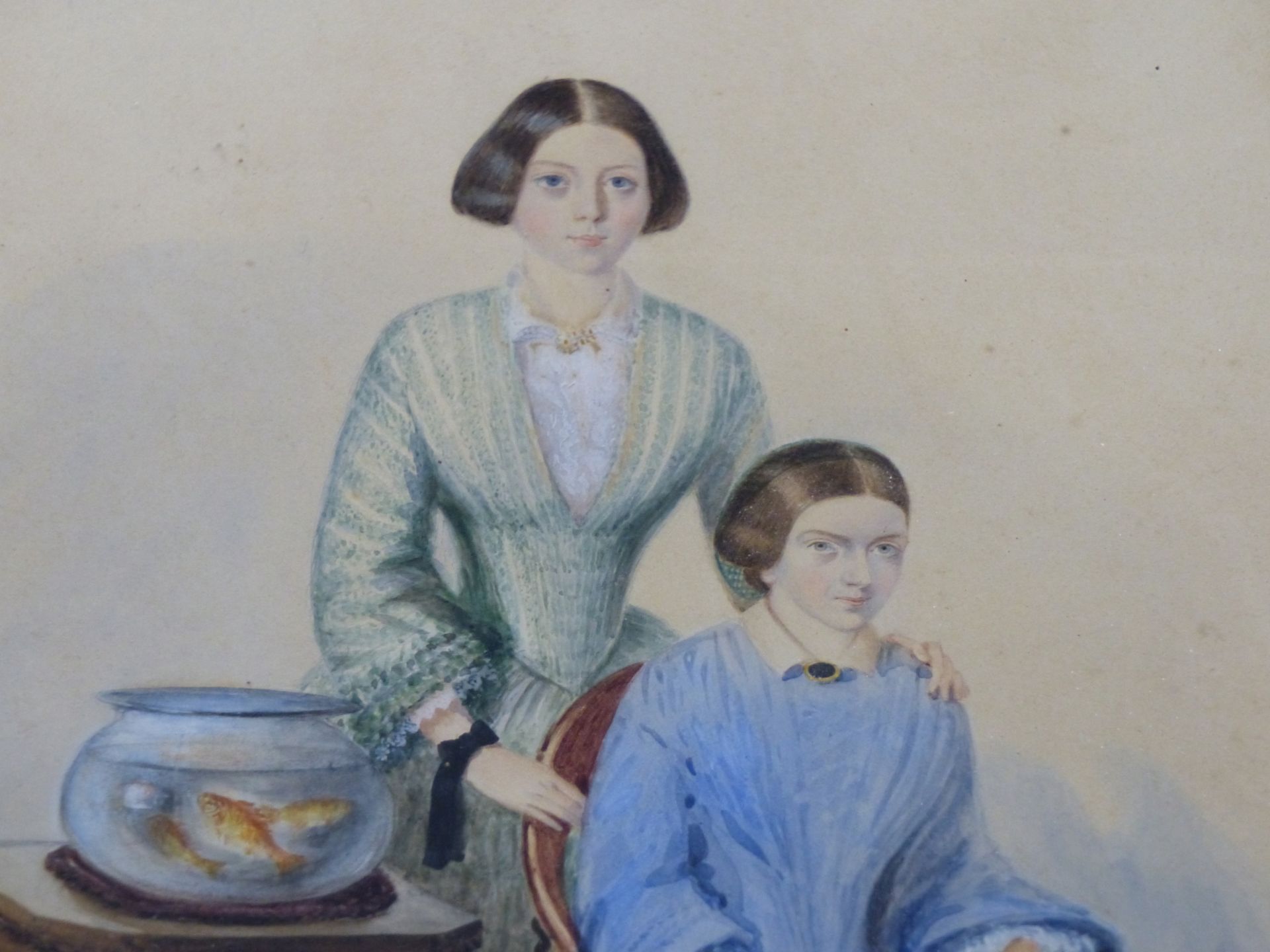 EARLY 19TH CENTURY ENGLISH SCHOOL, PORTRAIT IF TWO LADIES WITH GOLDFISH. WATERCOLOUR. UNSIGNED. - Image 3 of 7