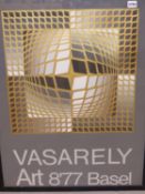 AFTER VICTOR VASARELY. UNTITLED COLOUR PRINT. 64 X 93cm TOGETHER WITH A 1977 EXHIBITION POSTER FOR