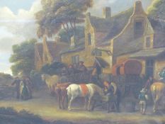18TH CENTURY DUTCH SCHOOL. FIGURES AND HORSES OUTSIDE A VILLAGE INN WITH CHURCH IN THE DISTANCE. OIL