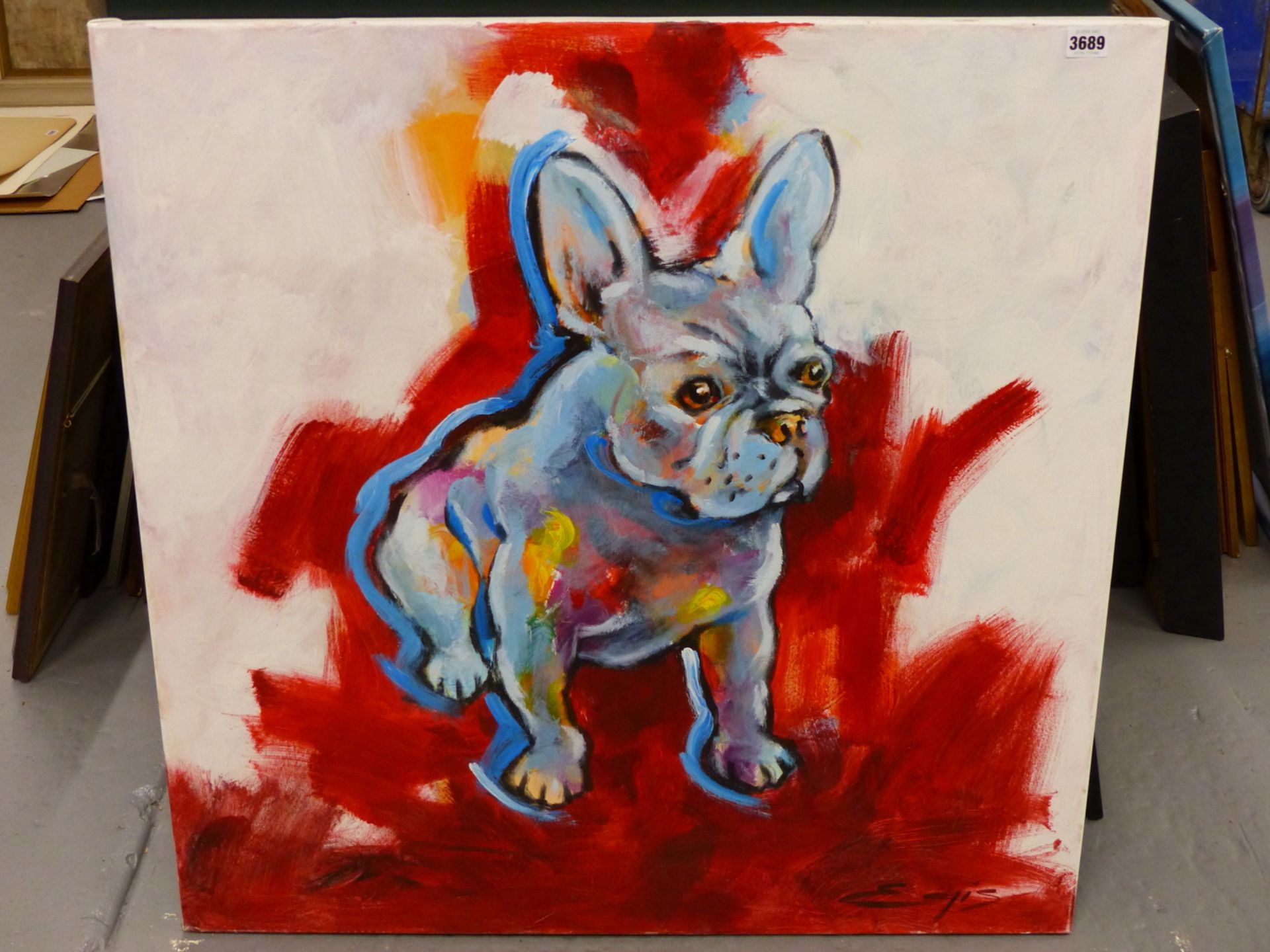 EGIS- (20TH CENTURY) ARR. STUDY OF A FRENCH BULLDOG- ACRYLIC ON CANVAS, SIGNED L/R. 81 X 81 cm. - Image 2 of 4