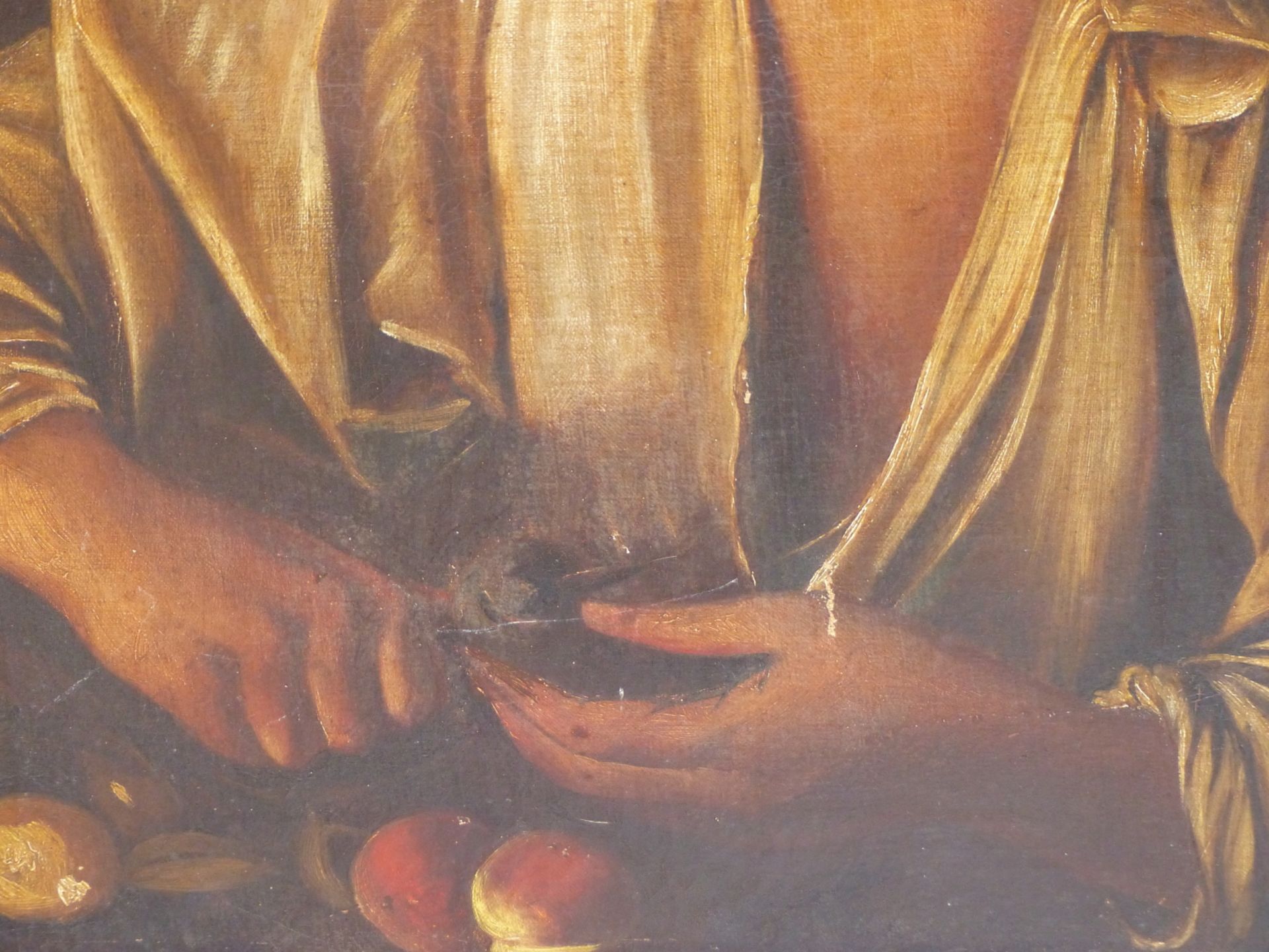 AFTER THE OLD MASTERS. (EARLY 19TH CENTURY) A YOUNG MAN PEELING APPLES. OIL ON CANVAS 50 X 60 cm. - Image 3 of 6