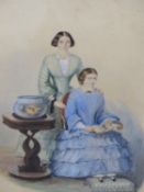 EARLY 19TH CENTURY ENGLISH SCHOOL, PORTRAIT IF TWO LADIES WITH GOLDFISH. WATERCOLOUR. UNSIGNED.