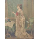19TH CENTURY ENGLISH SCHOOL. A LADY WITH LOCKET IN PERIOD INTERIOR. OIL ON PANEL. 28 X 41 cm.