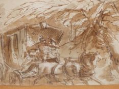 18TH CENTURY ENGLISH SCHOOL. A BROWN WASH STUDY OF A HORSE DRAWN CARRIAGE AT SPEED. 16 X 10 cm.